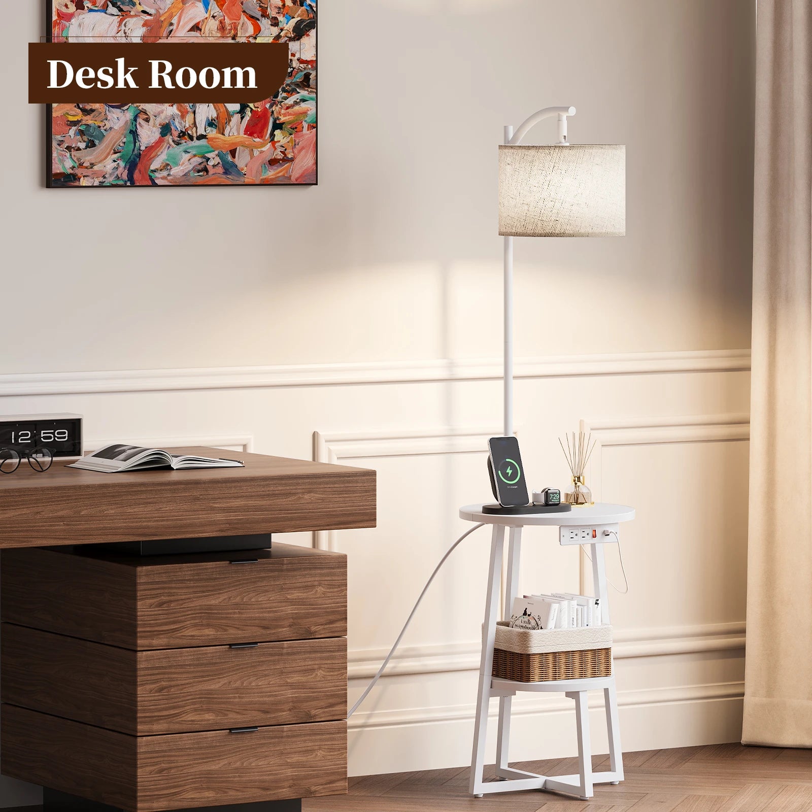 Maliowa Floor Lamp with Table, Attached End Table with Dimmable Lamp & Charging Station, Side Table Lamps for Living Room Bedroom
