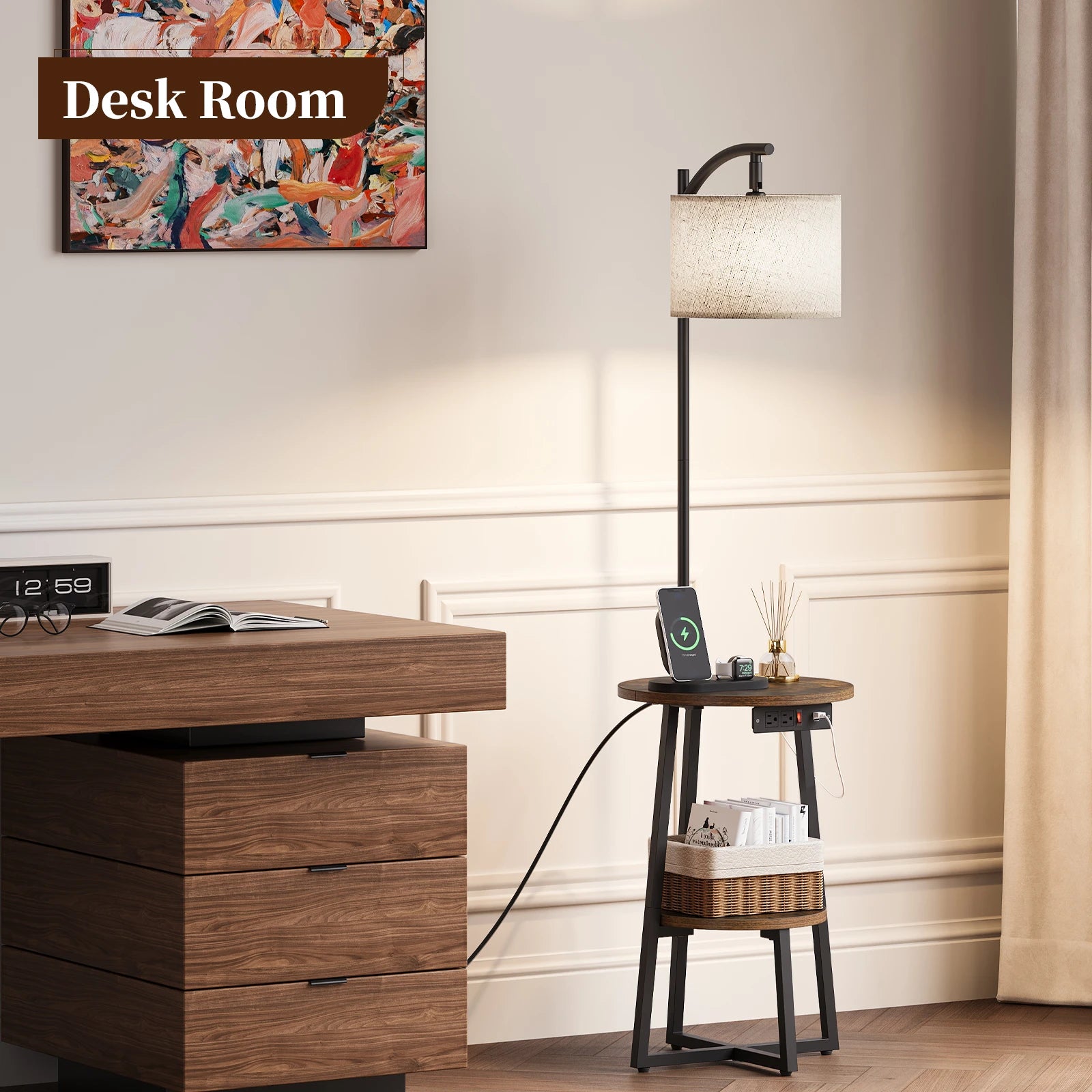 Maliowa Floor Lamp with Table, Attached End Table with Dimmable Lamp & Charging Station, Side Table Lamps for Living Room Bedroom