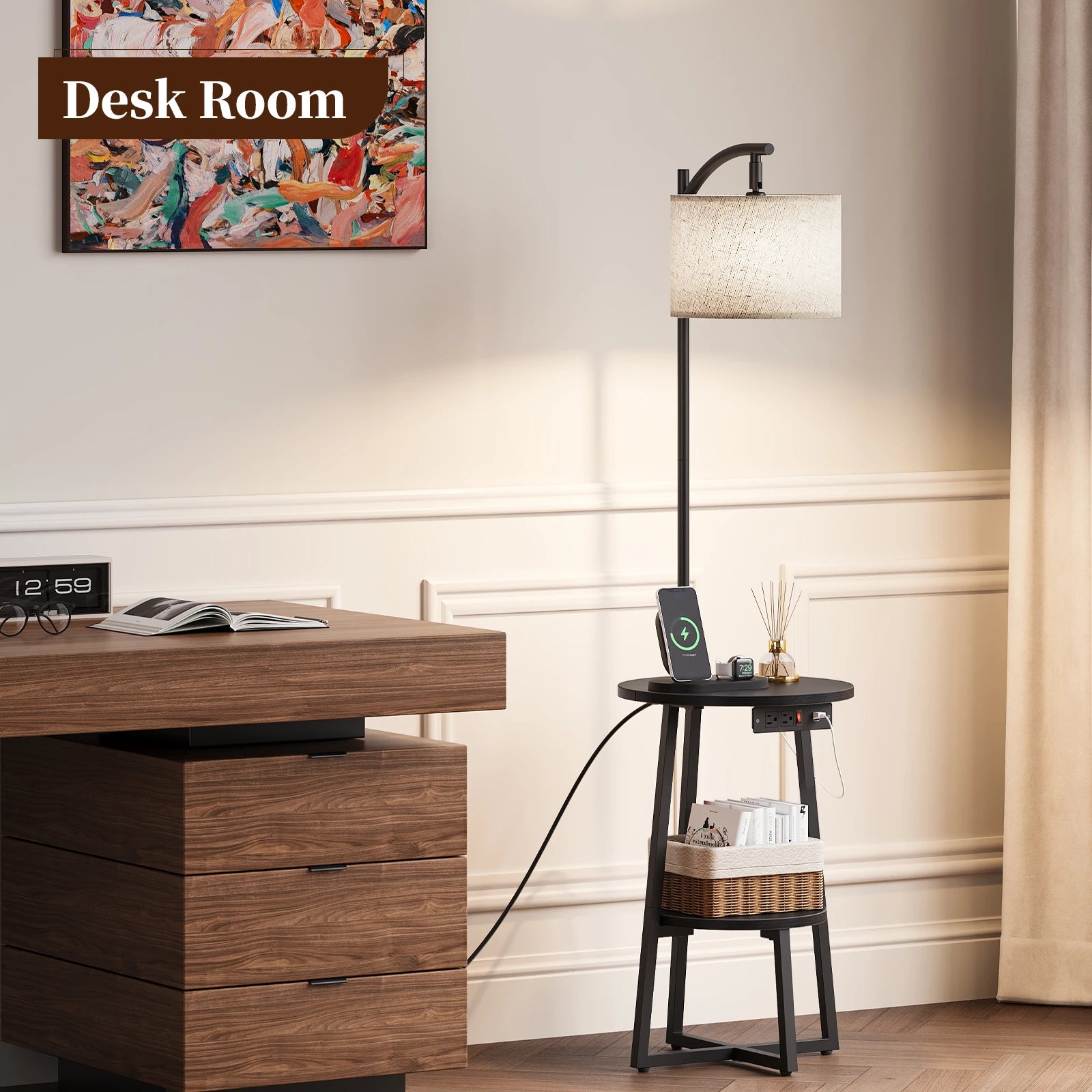 Maliowa Floor Lamp with Table, Attached End Table with Dimmable Lamp & Charging Station, Side Table Lamps for Living Room Bedroom