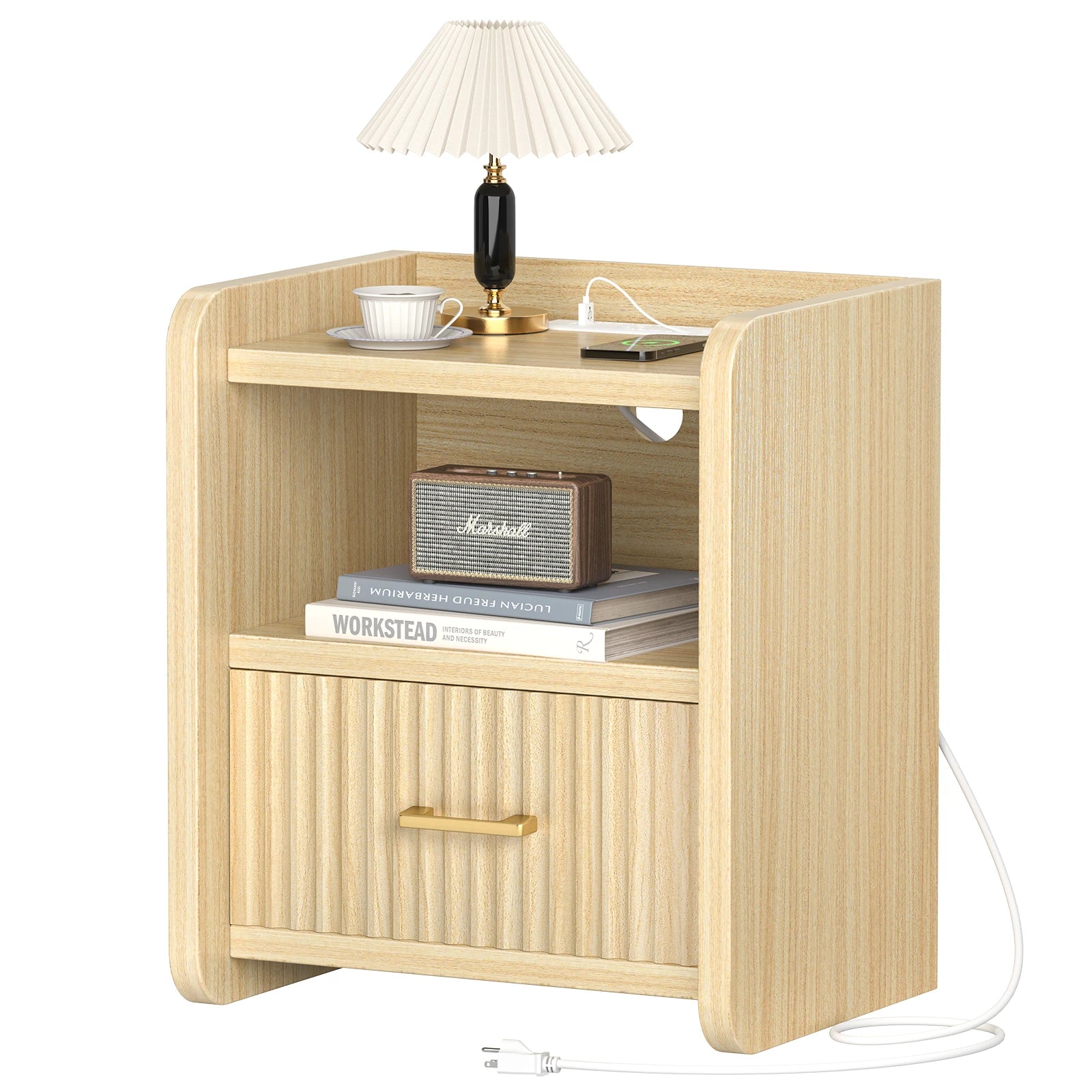 Fluted Nightstand with Charging Station,Wood Bedside Table Night Stand with Drawer and Open Shelf,Modern End Side Table for Bedroom Living Room