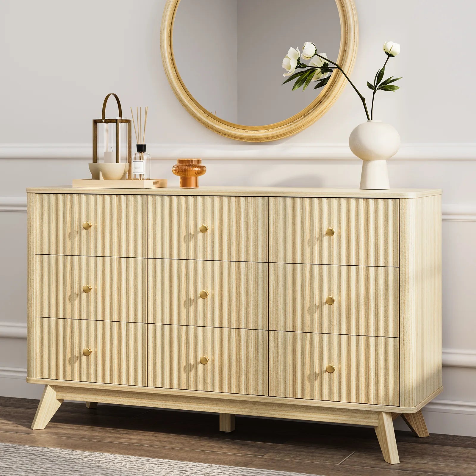 9 Drawer Dresser for Bedroom, Fluted Wood Dresser for Storage, Mid Century Modern Dressers & Chests of Drawers for Closet Living Room Entryway