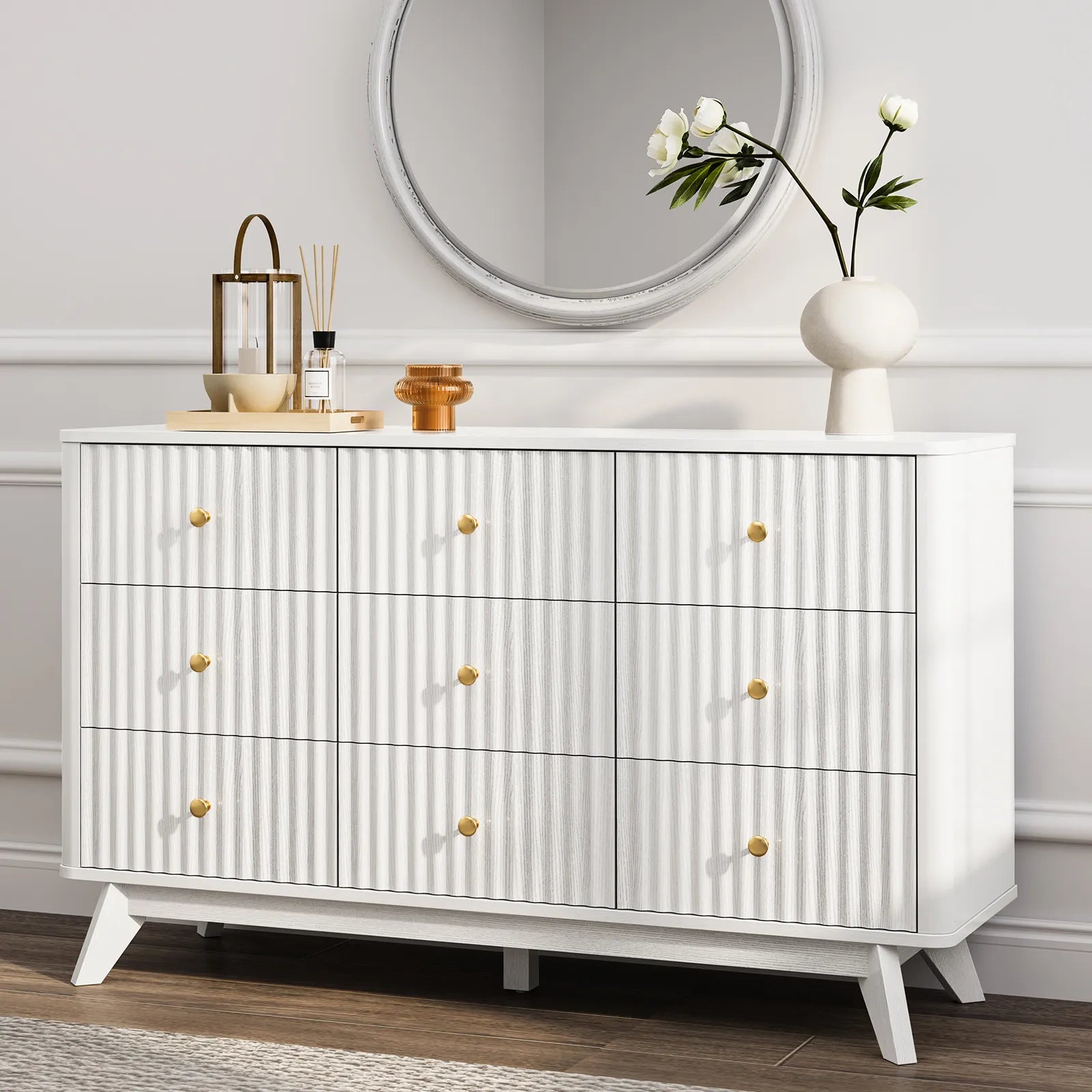 9 Drawer Dresser for Bedroom, Fluted White Dresser for Storage, 52.8" Wood Dressers & Chests of Drawers for Closet, Living Room, Entryway