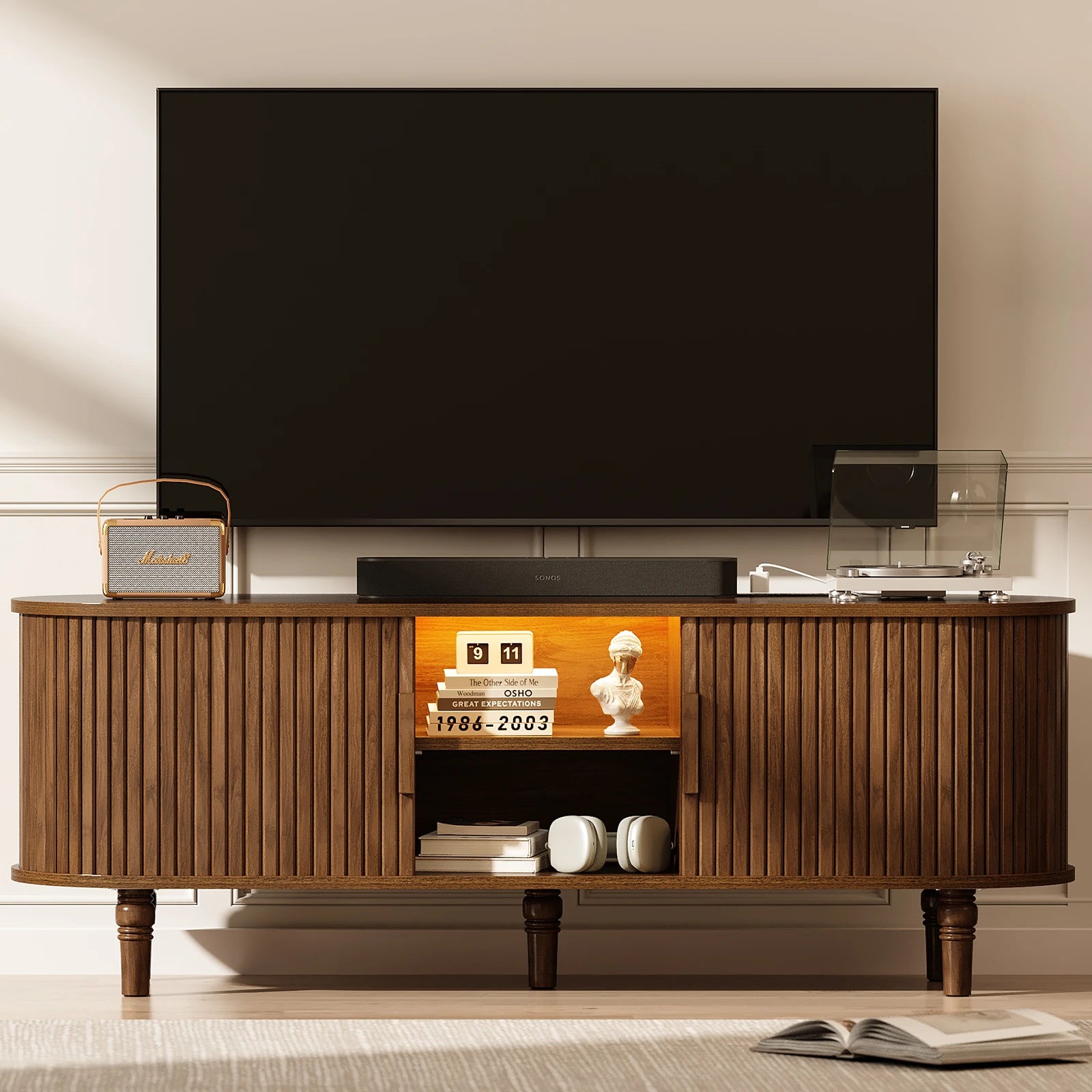 CURLA 55" TV Stand with Power Outlet, Entertainment Center with Sliding Tambour Door, Modern TV Stands for Living Room Bedroom, LED Media Console