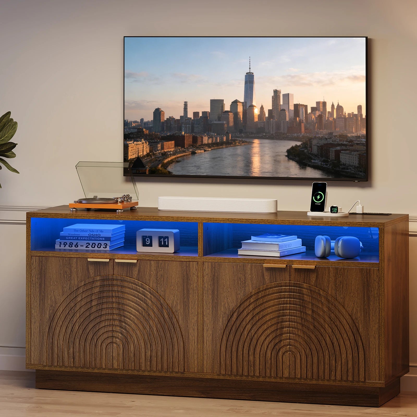 CURLA 58" Fluted TV Stand with Power Outlet, LED TV Stands with Storage & Adjustable Shelf, Entertainment Center for Living Room, Mid Century