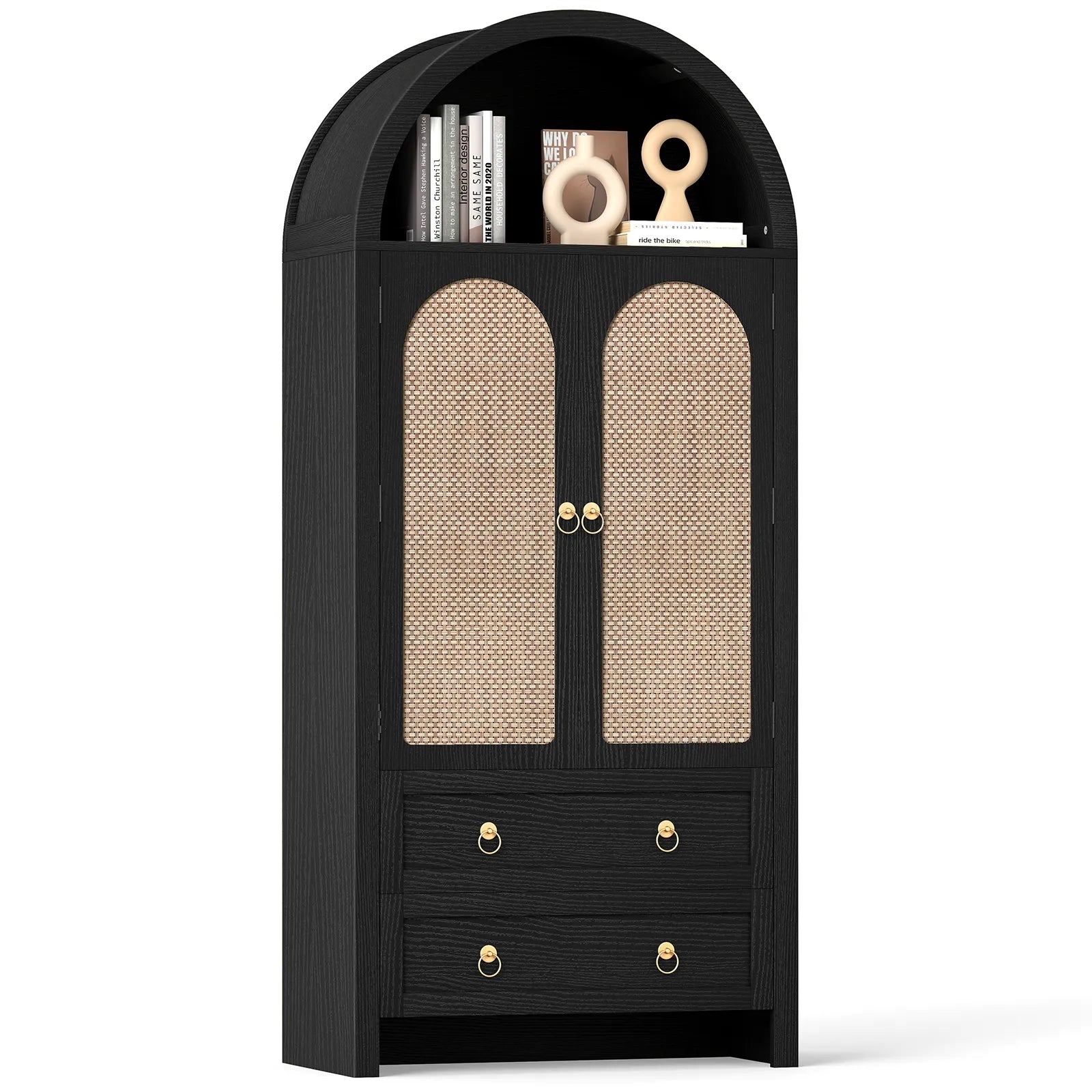 71" Tall Arched Kitchen Pantry Storage Cabinet, Food Pantry Cabinet Bookshelf with 2 Drawers, Wood Storage Cabinets with Door for Dining Room, Living Room