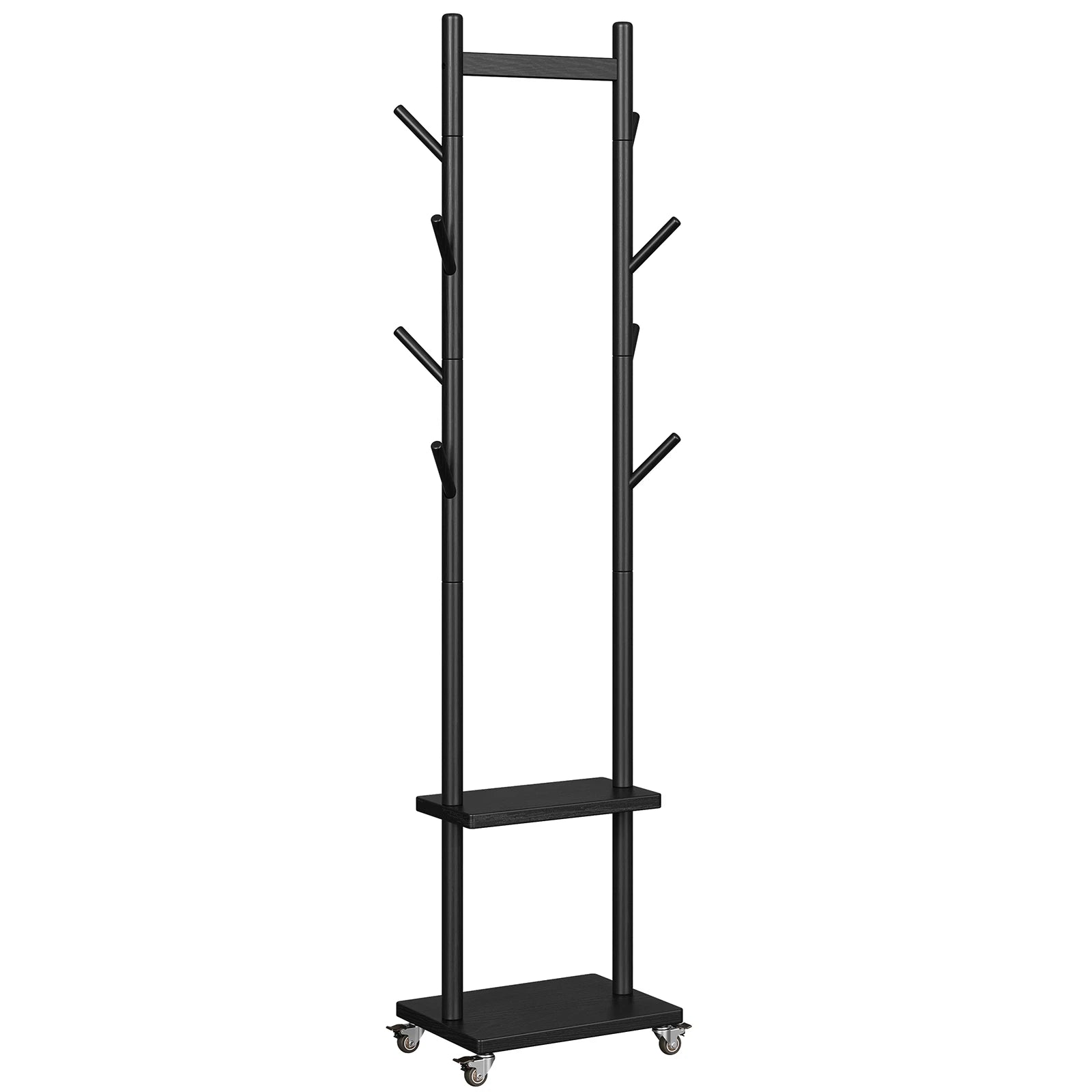 Solid Wood Coat Rack Freestanding, Rolling Clothes Rack with Wheels, Clothing Rack with 8 Hooks & Shelevs, Clothing Racks for Hanging Clothes