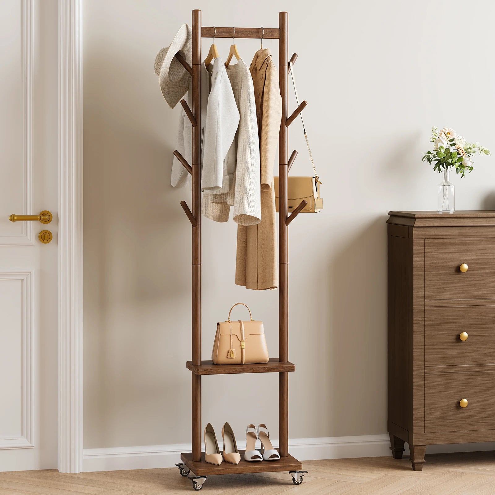 Solid Wood Coat Rack Freestanding, Rolling Clothes Rack with Wheels, Clothing Rack with 8 Hooks & Shelevs, Clothing Racks for Hanging Clothes