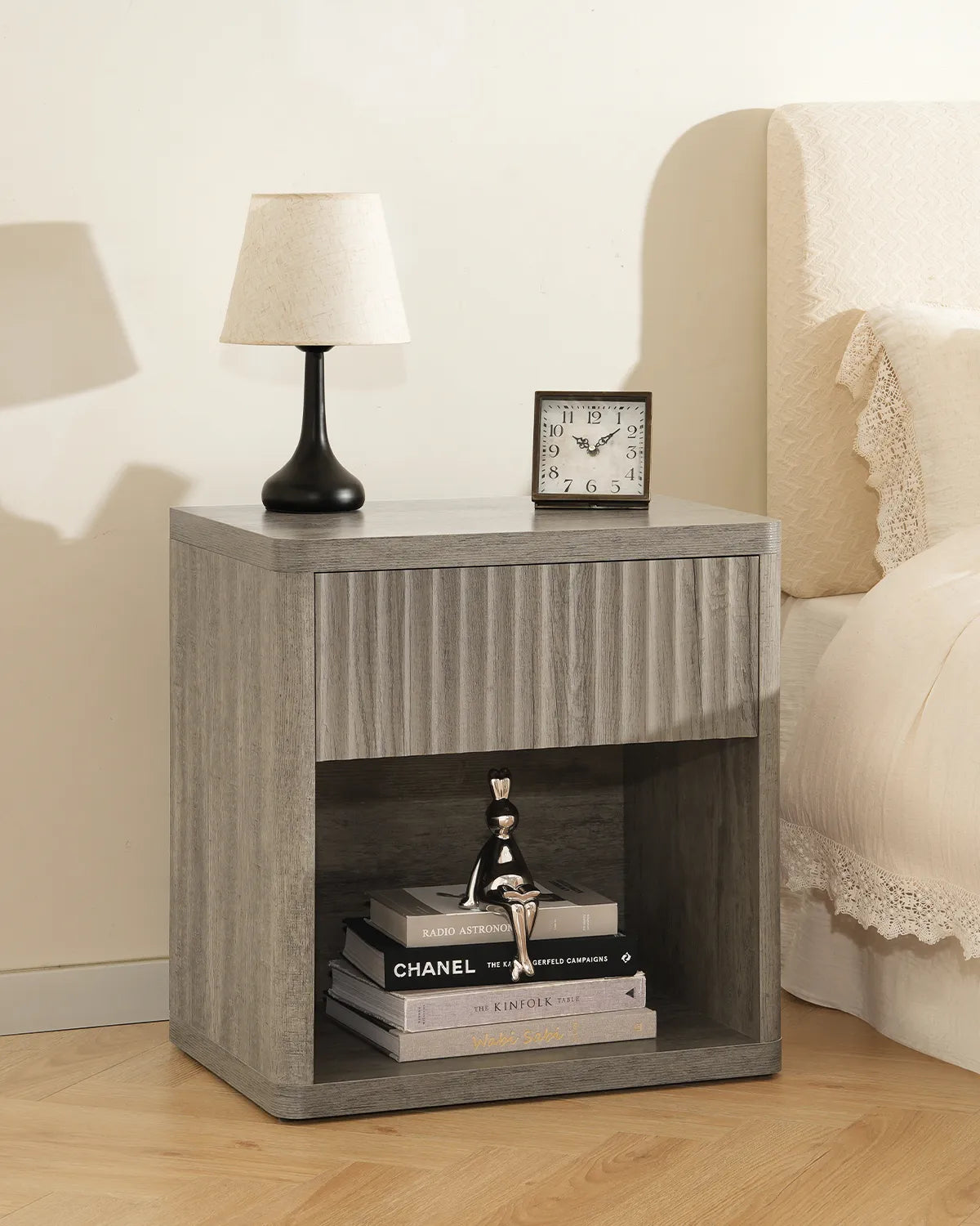 CURLA Fluted Nightstand with Drawer and Storage