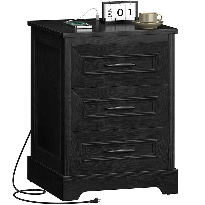 Wood End Side Table with 3 Drawers, black