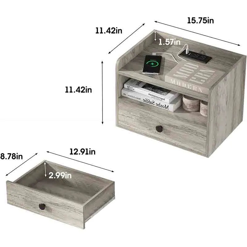 Yoobure Floating Nightstand Set of 2 with Charging Station and Drawer