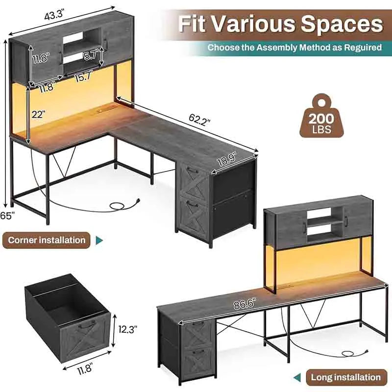 Yoobure Reversible Computer Desk with Fabric Drawers & Hutch