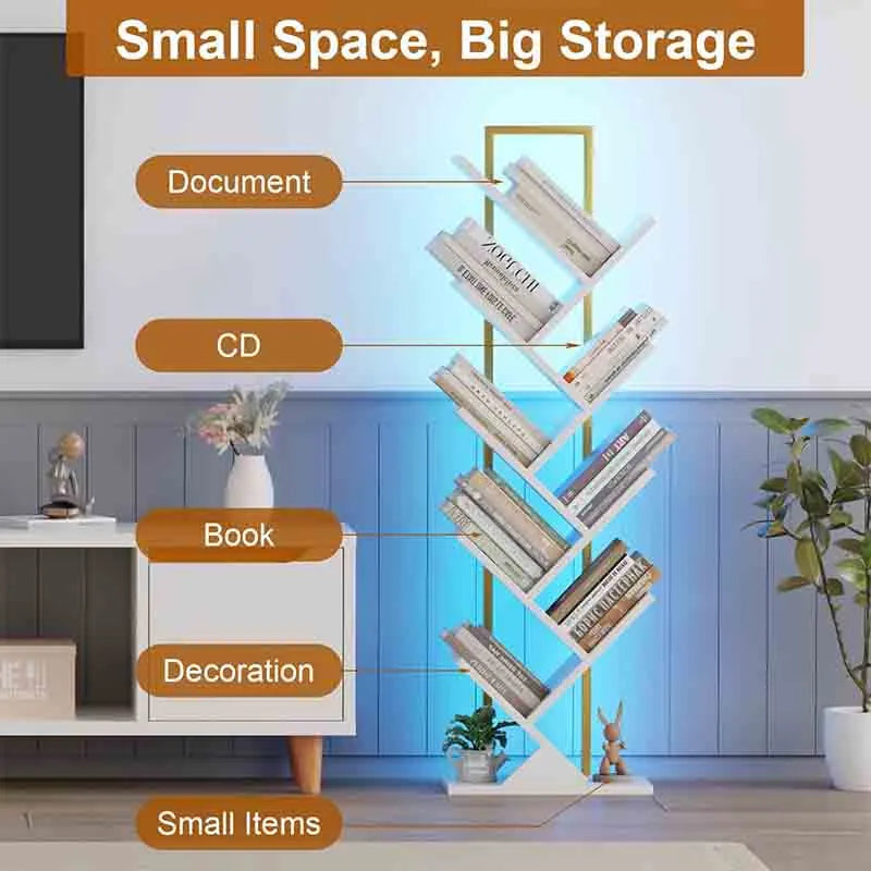 Yoobure Bookshelf with LED Lights, 9 Tier Tree Bookshelf