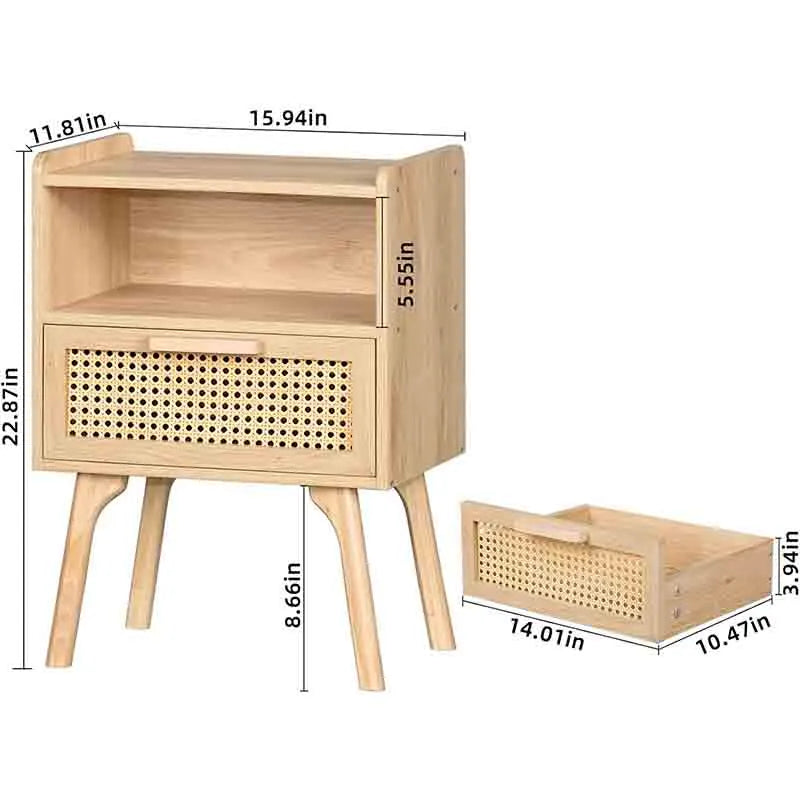 Yoobure Rattan Nightstand with Solid Wood Legs