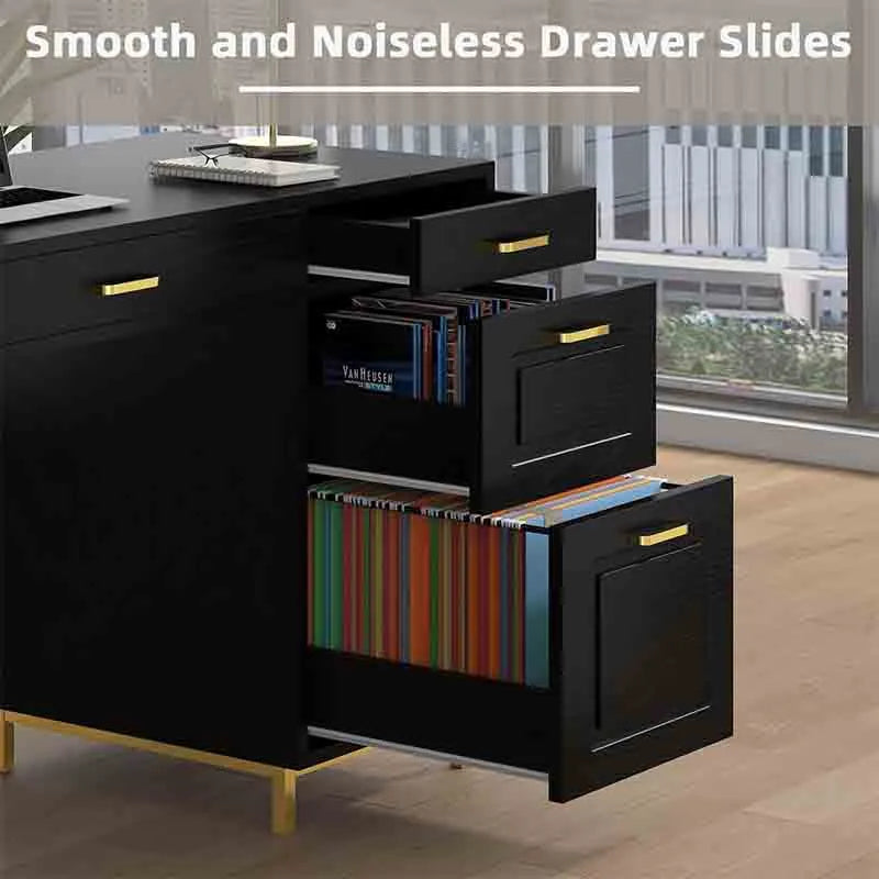 Yoobure Computer Desk with 7 Drawers, Black and Gold Desk
