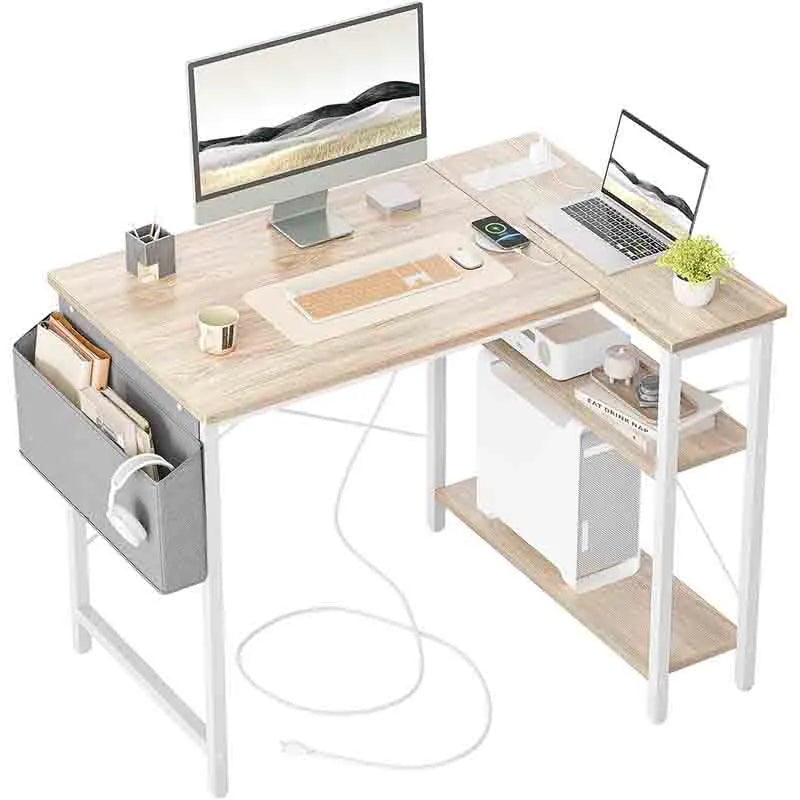 40 Inch L Shaped Desk with Reversible Shelves, Maple