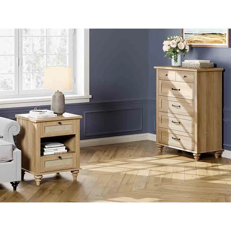 Yoobure Rattan Nightstand Side Table with Charging Station