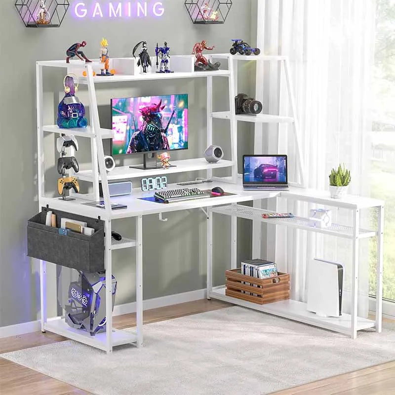 Yoobure L Shaped Gaming Desk with Hutch & Shelves, White