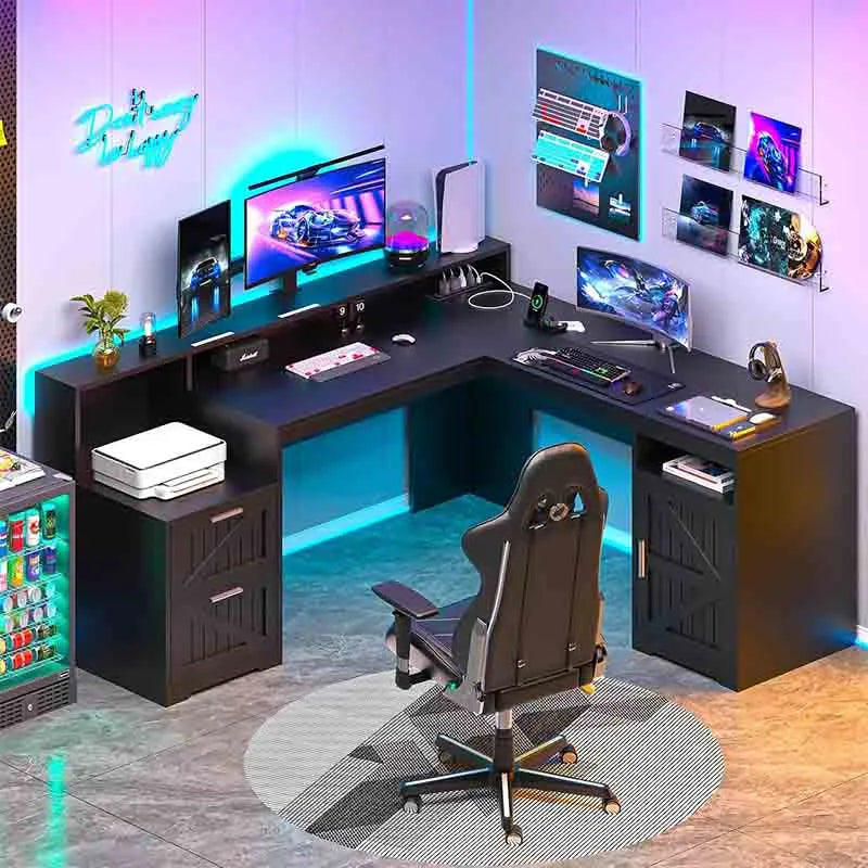 Yoobure 63" Farmhouse L Shaped Desk with Drawers & Shelf