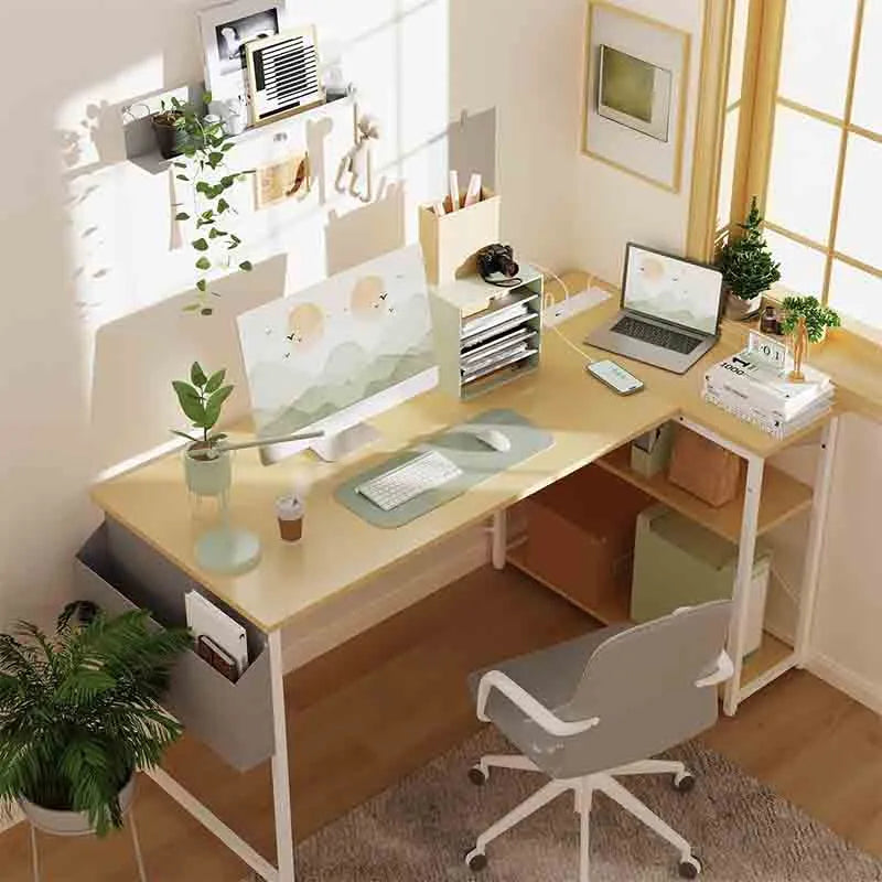 Yoobure 40 Inch L Shaped Desk with Reversible Shelves, Beige
