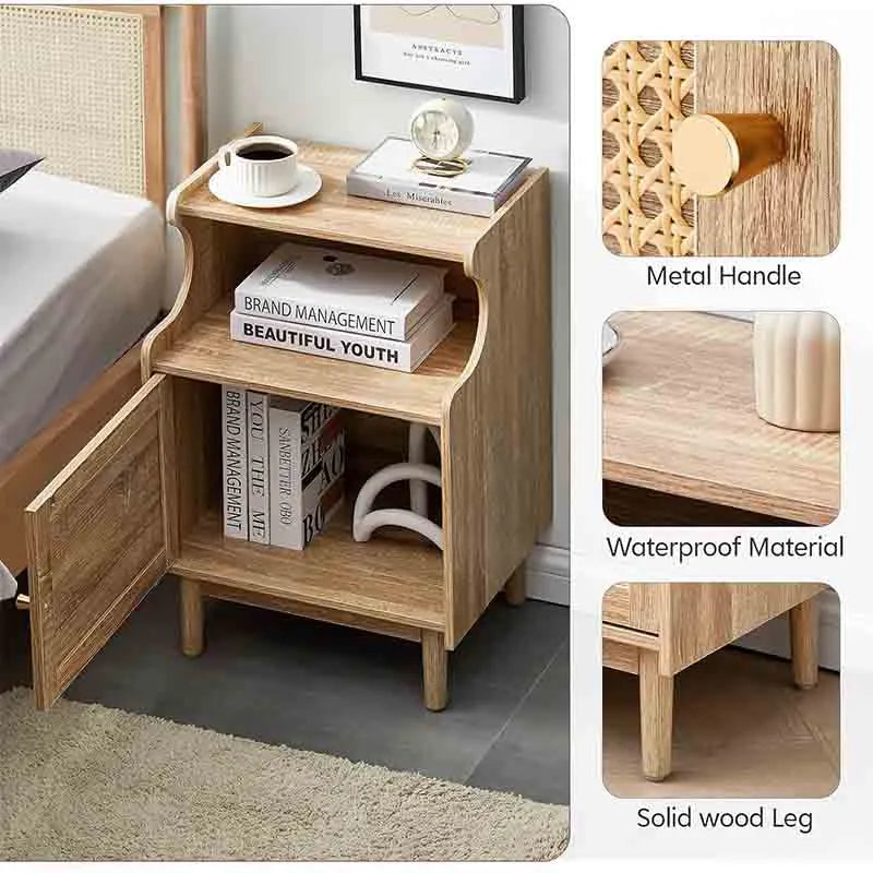 Yoobure Night Stand Tall Nightstand with Faux Rattan Door