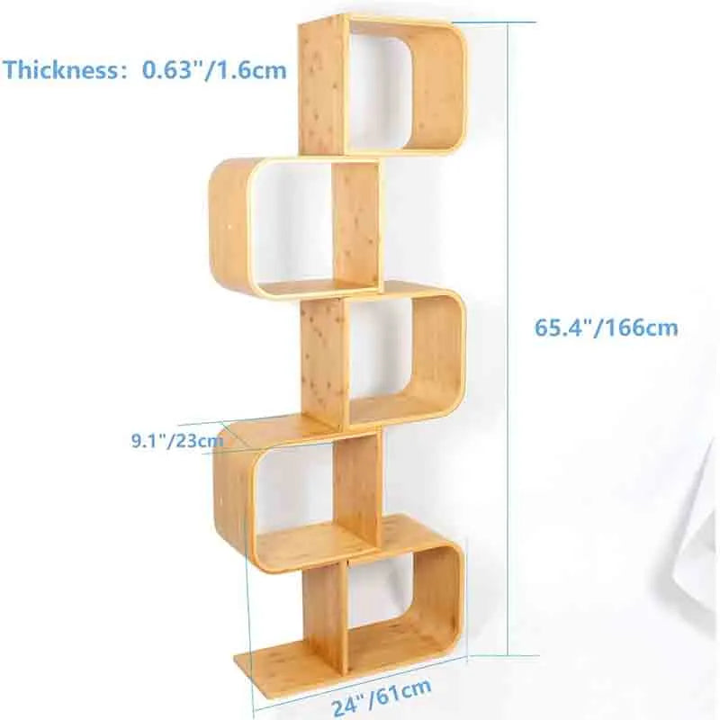 Yoobure 5-Tier S-Shaped Geometric Modern Bamboo Bookshelf