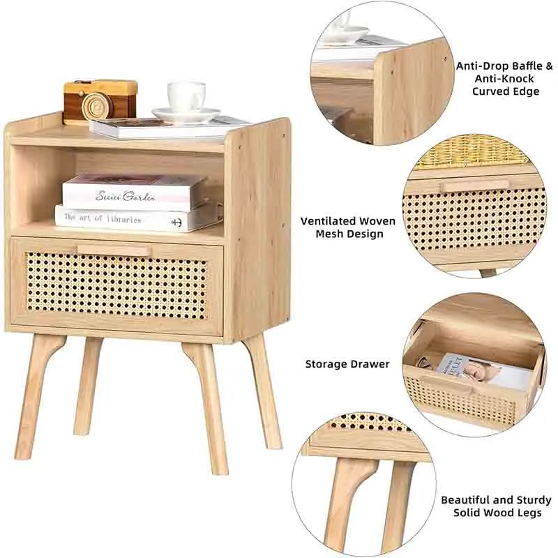 Yoobure Rattan Nightstand with Solid Wood Legs