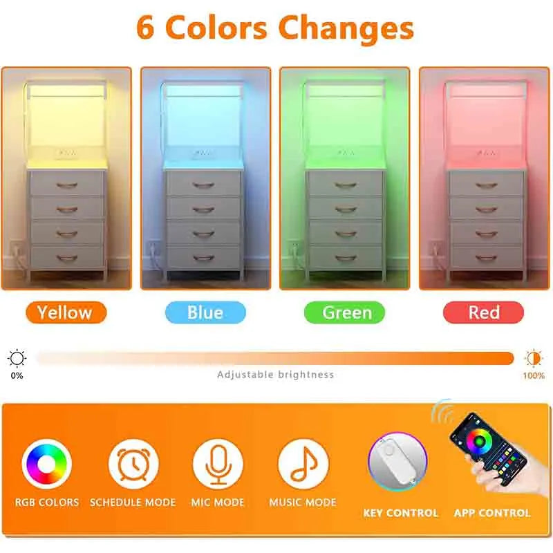 Yoobure White Tall Nightstand, LED Night Stand with Shelves