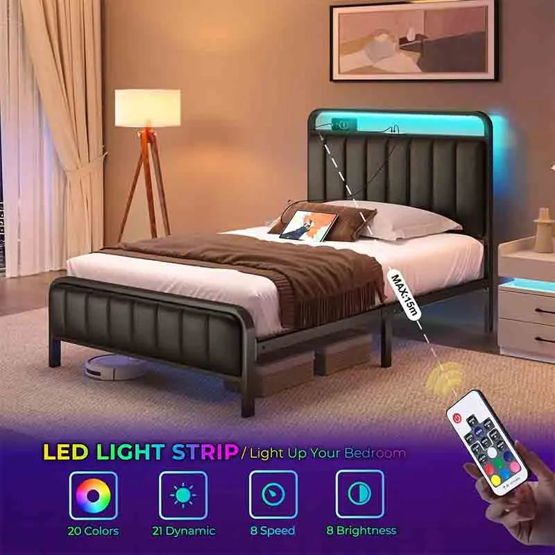 Yoobure Twin Size Bed Frame with LED Light and Outlets