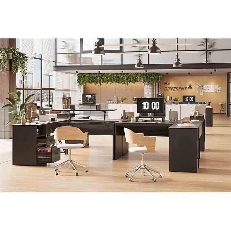 Yoobure Lift Top L Shaped Desk with File Drawer, Grey & Dark Oak