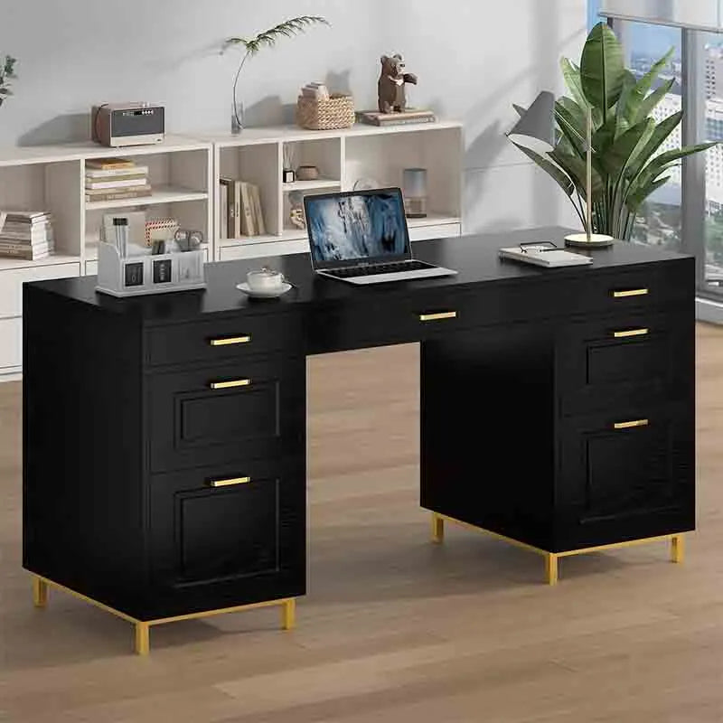 Yoobure Computer Desk with 7 Drawers, Black and Gold Desk