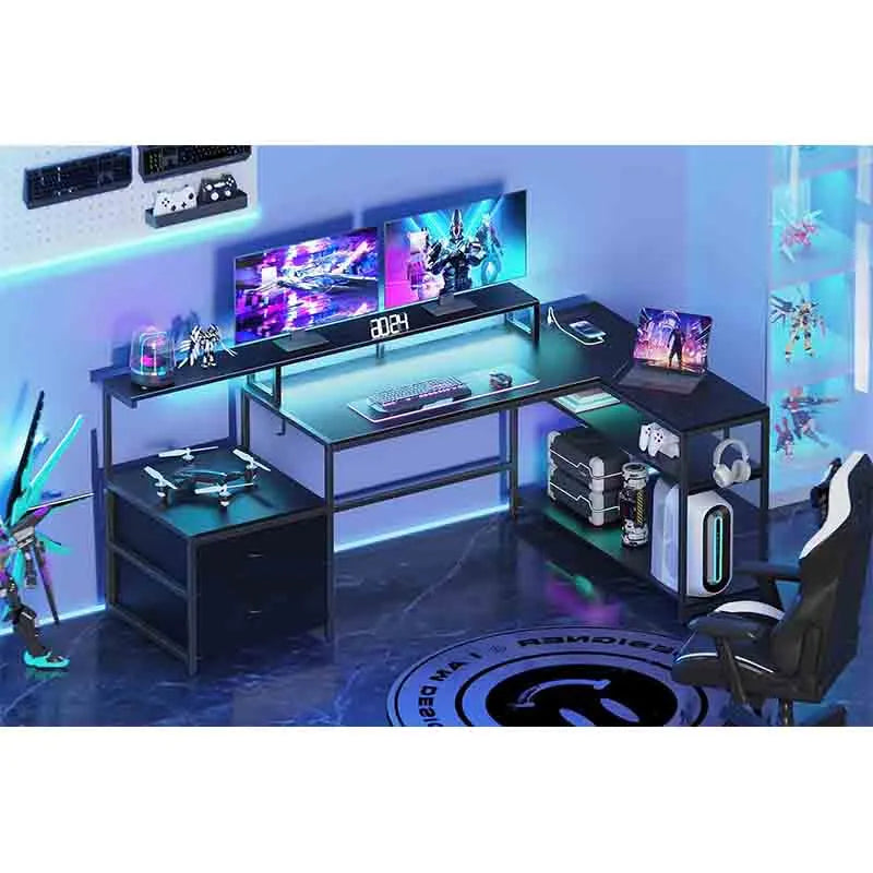 Yoobure Black 70" L Shaped Gaming Desk with Music Strip Lights