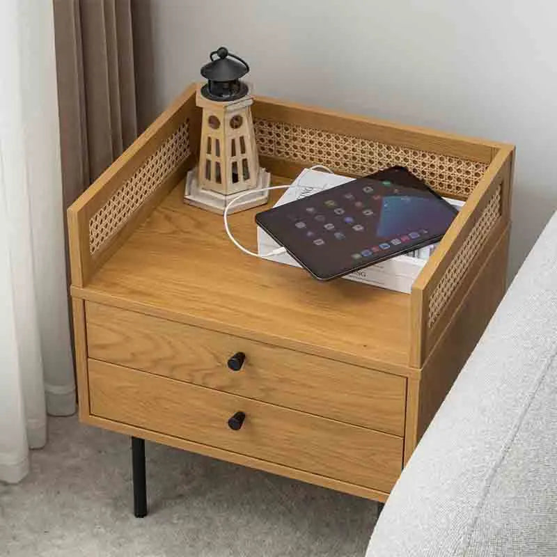 Yoobure Wood Nightstand Rattan End Table with 2 Drawers