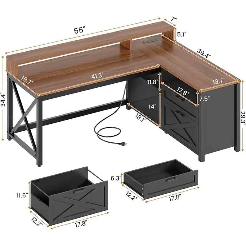 Yoobure 55" Home Office Desk with Drawers and Storage Shelves, Black & Brown