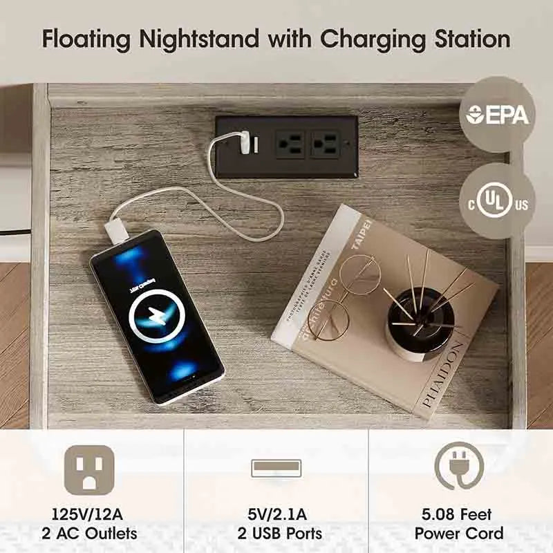 Yoobure Floating Nightstand Set of 2 with Charging Station and Drawer