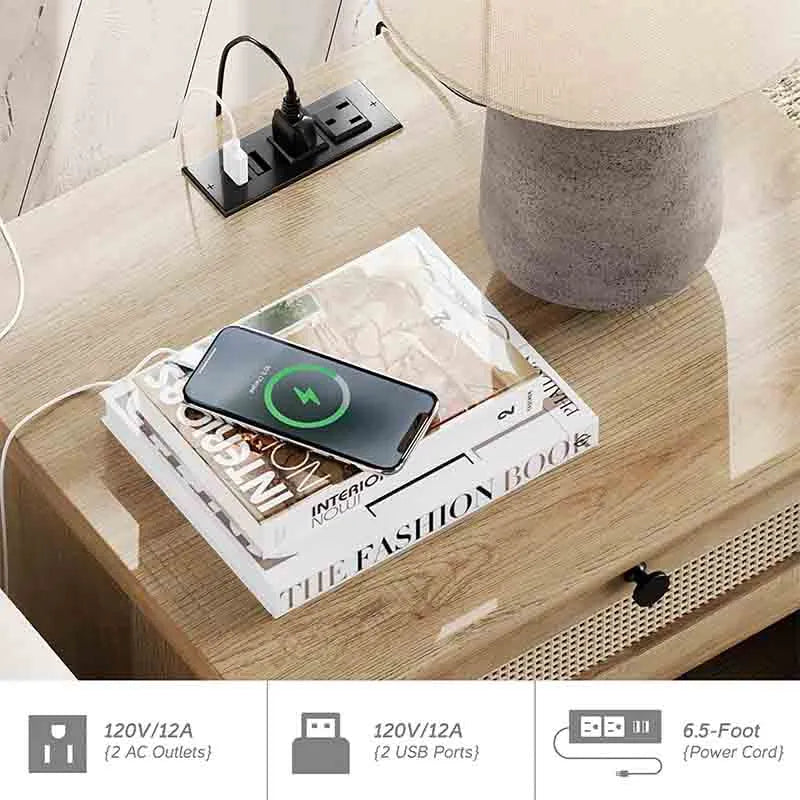 Yoobure Rattan Nightstand Side Table with Charging Station
