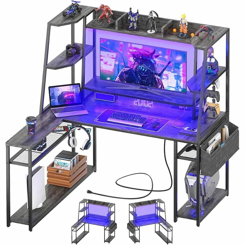 L Shaped Gaming Desk with Hutch & Shelves, Grey Oak
