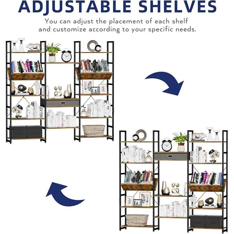 Yoobure Triple Wide 5 Tier Bookshelf Adjustable Book Shelves