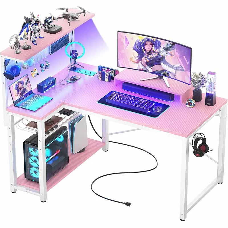 Small Gaming Desk with Power Outlets & Pegboard, Pink