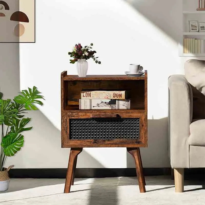 Yoobure Rattan Nightstand Side Table with Drawer Open Shelf