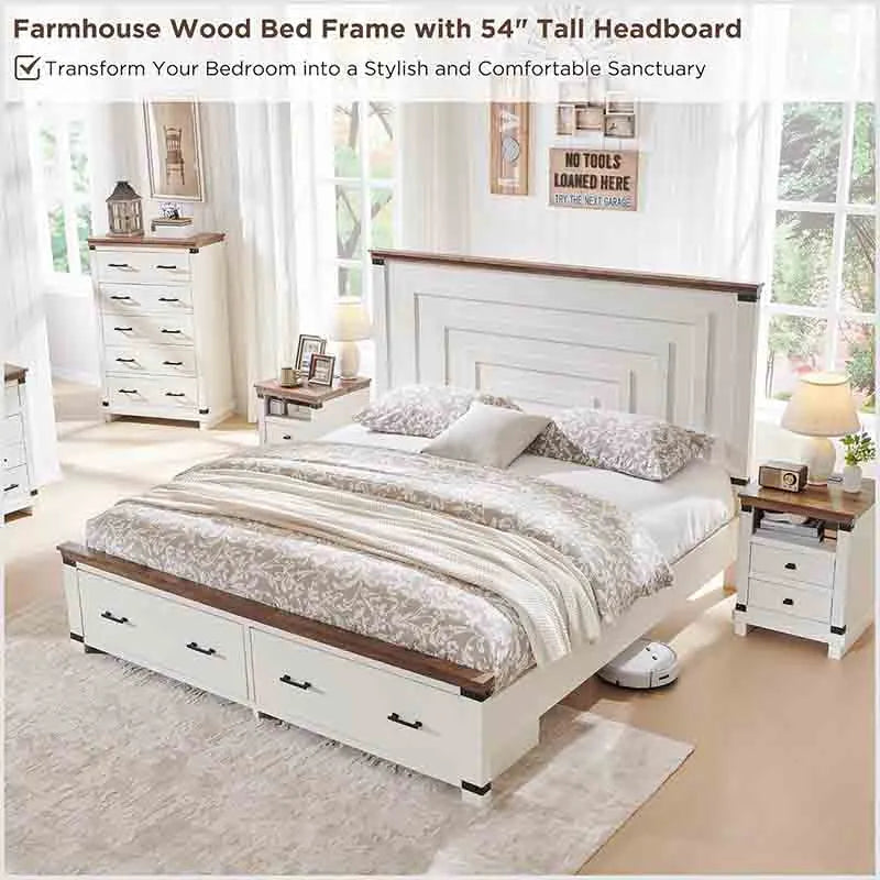 Yoobure Farmhouse Queen Size Bed Frame Geometric Headboard