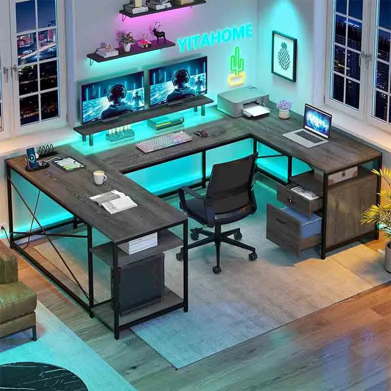 Yoobure U Shaped Desk with Power Outlets & LED Lights