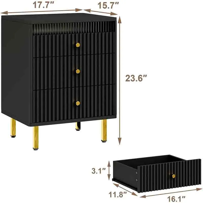 Yoobure Fluted Black Nightstand with 3 Drawers End Table