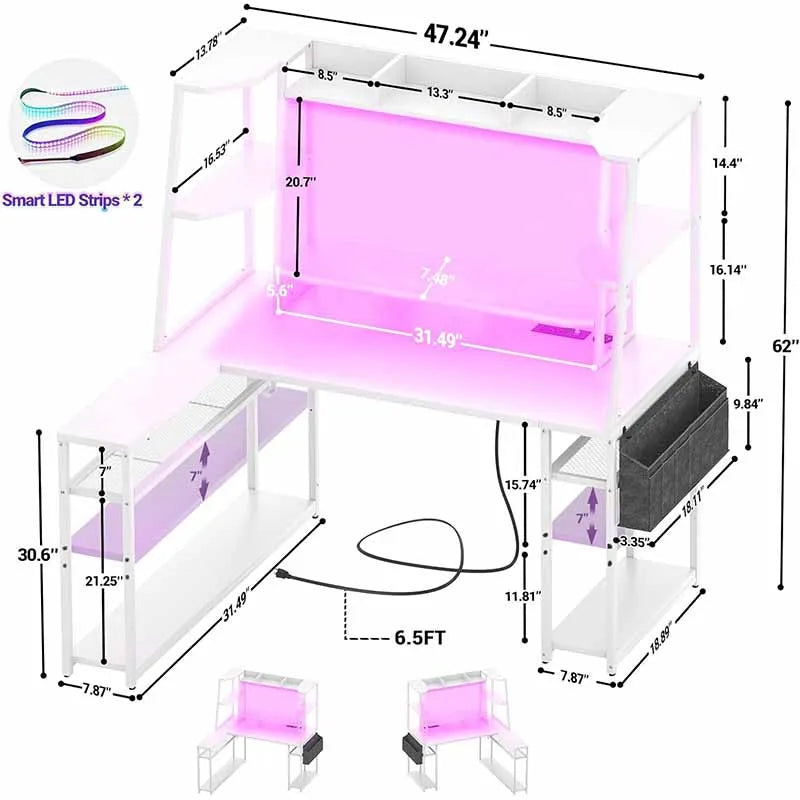 Yoobure L Shaped Gaming Desk with Hutch & Shelves, White