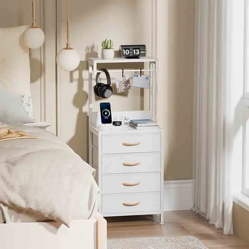 Yoobure White Tall Nightstand, LED Night Stand with Shelves