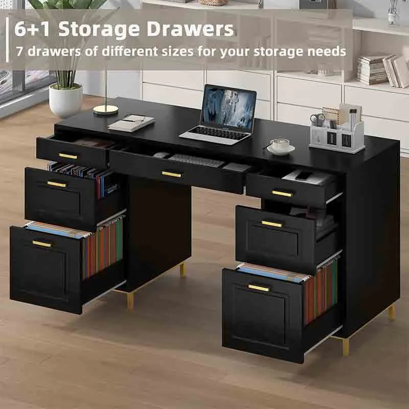 Yoobure Computer Desk with 7 Drawers, Black and Gold Desk