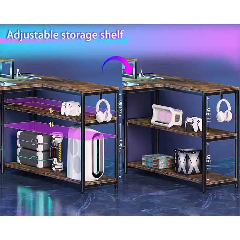 Yoobure Brown 70" L Shaped Gaming Desk with Music Strip Lights