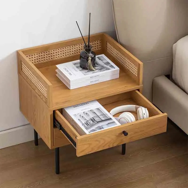 Yoobure Wood Nightstand Rattan End Table with 2 Drawers