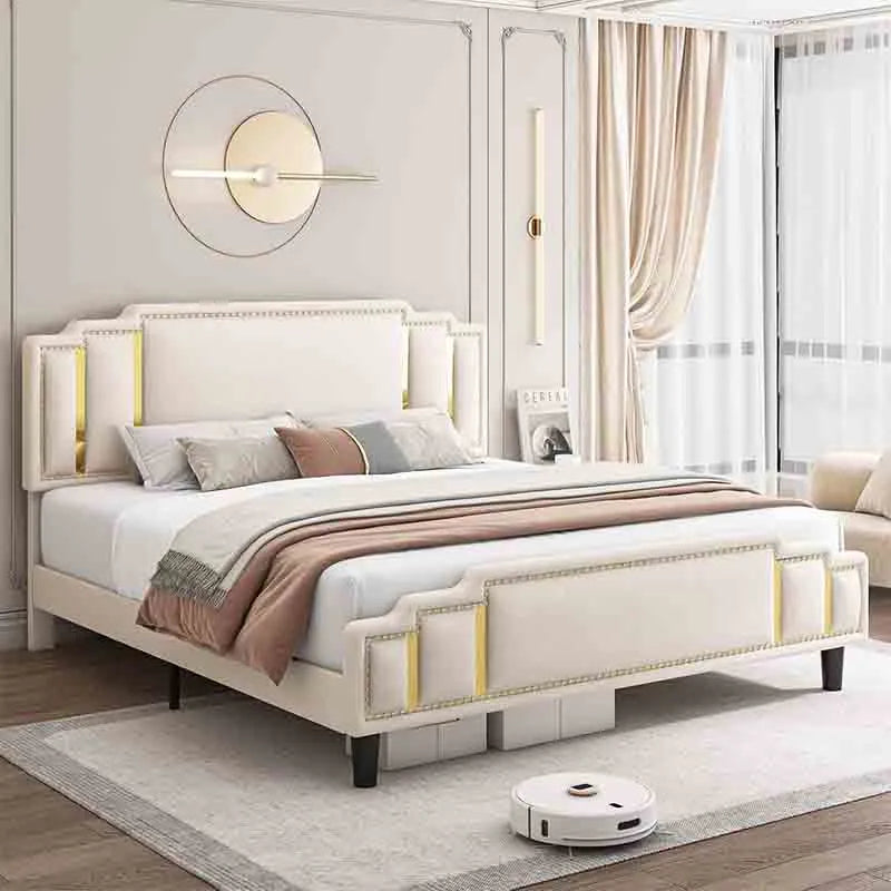 Yoobur Bed Frame with Adjustable Golden Trim Headboard