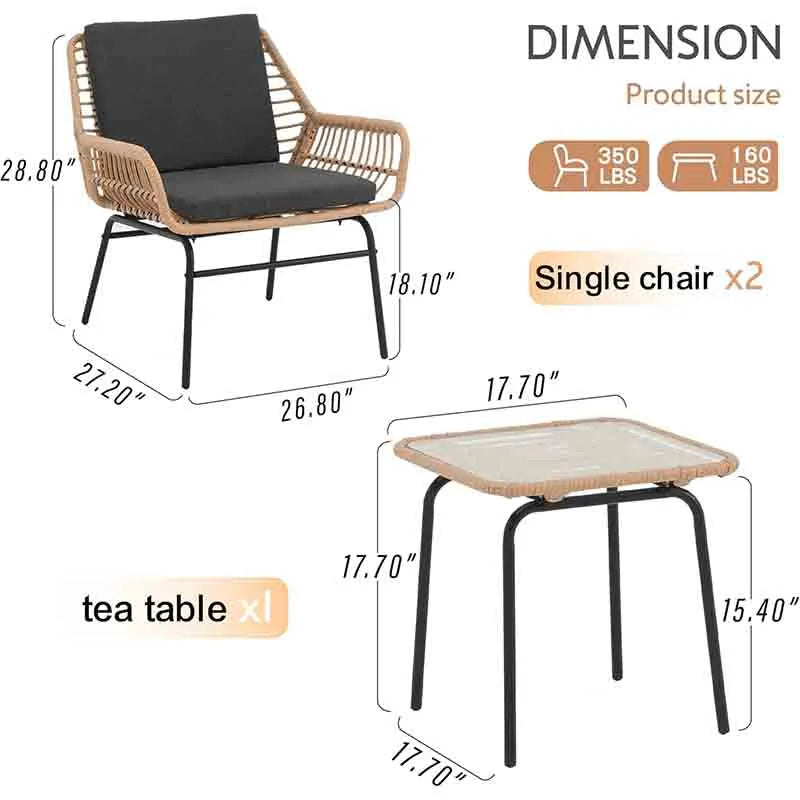 Yoobure 3 Piece Outdoor Patio Furniture Set, Wicker Chairs