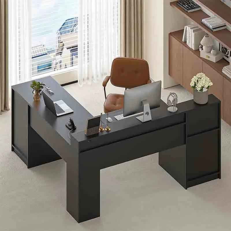 Yoobure 63" Farmhouse L Shaped Desk with Drawers & Shelf